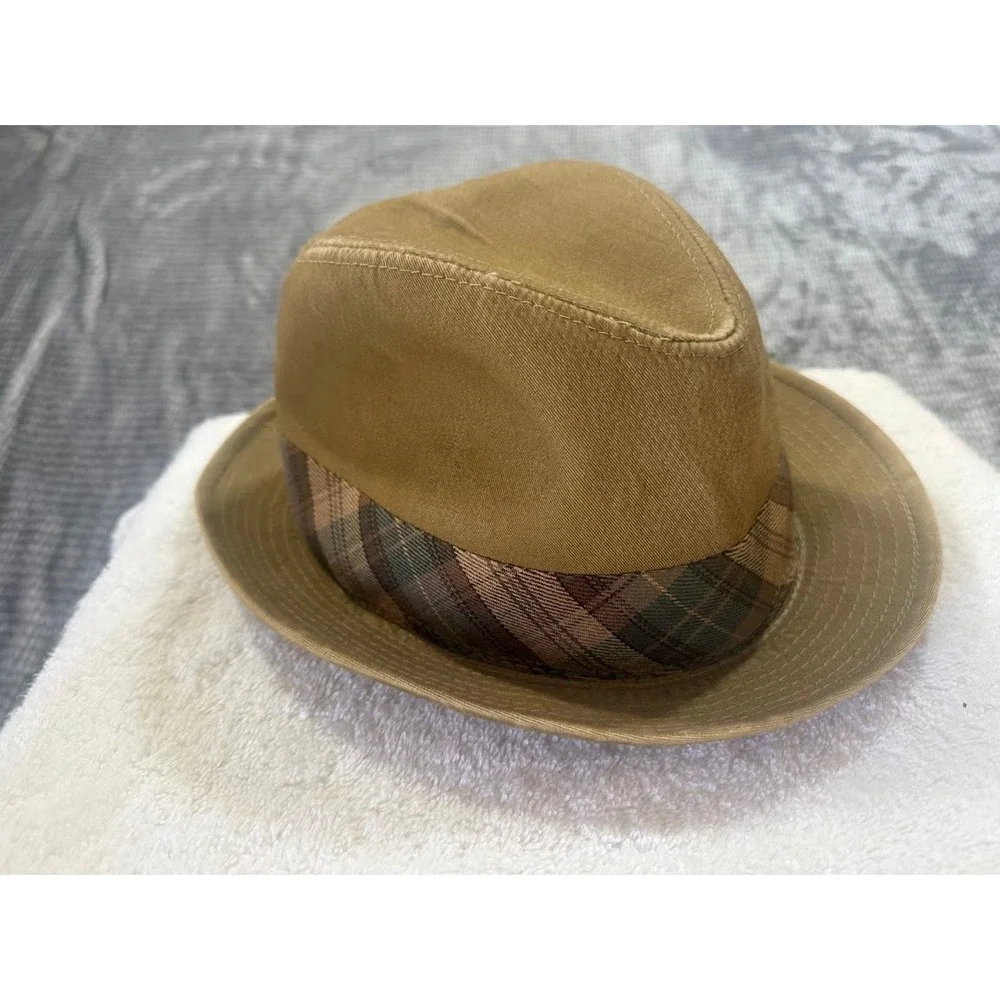 Christys Crown Series Tan Cotton‎ Fedora Hat Plaid Band Mens Size Medium Khaki